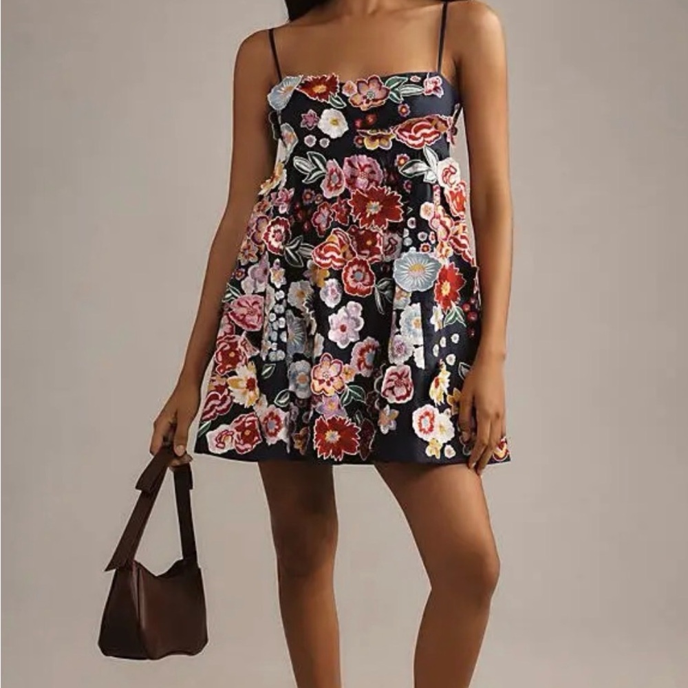 Anthropologie 3D Floral Babydoll Navy Floral-Embroidered Mini Dress